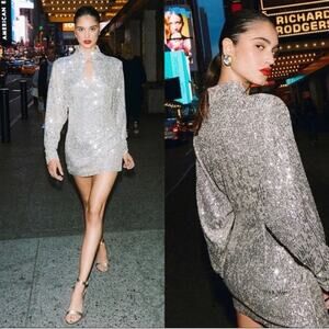 Ronny Kobo Lauper Dress Mini Sequin V Neck New Years Glam Sexy Silver Size S